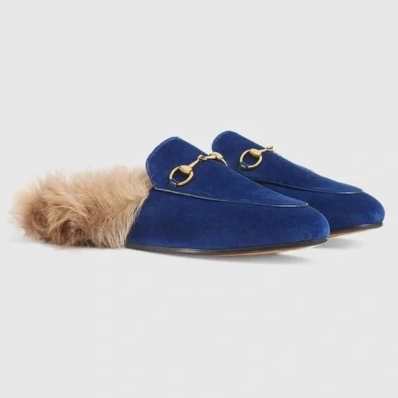 New GUCCI Princetown Fur velvet Cobalt Blue Slippers mules flats - Picture 1 of 9